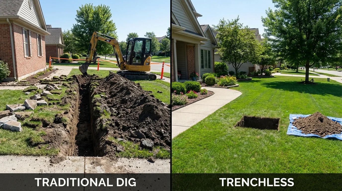 Trenchless sewer repair with minimal yard damage versus traditional excavation in Kalida, OH