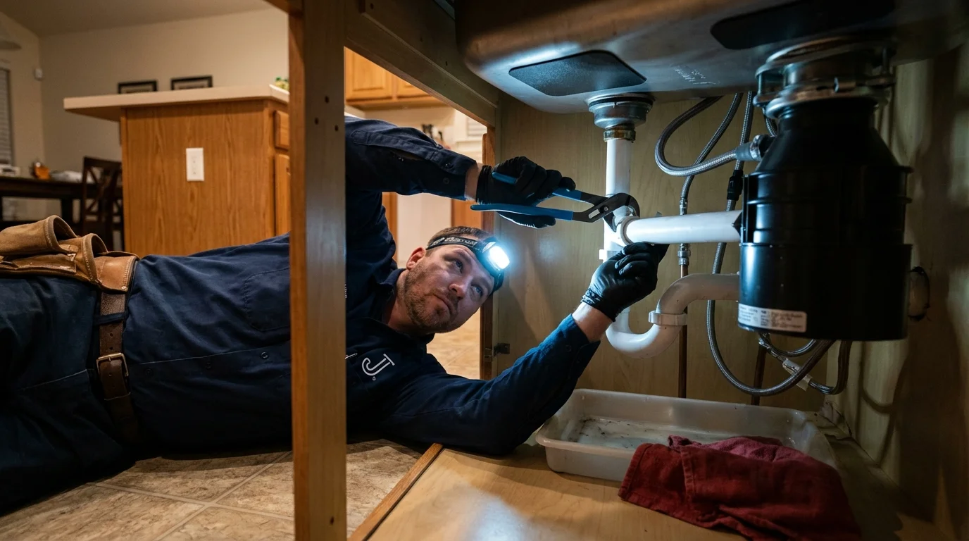 P-trap and supply line connections under a kitchen sink showing a common leak point in Kalida, OH